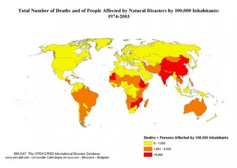 Συνολικός αριθμός θανάτων και πληγέντων από φυσικές καταστροφές ανά 100.000 κατοίκους, 1974 - 2003